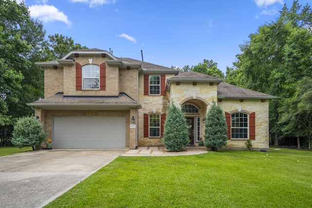 40122 Pipestone Rd, Magnolia, TX 77354 - view of front of house with a front yard, a garage, driveway, stone siding, and roof with shingles