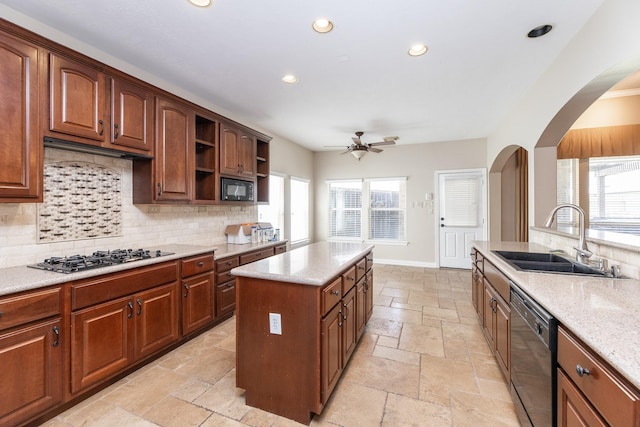12515 Country Arbor Ln, Houston, TX 77041 - kitchen featuring a sink, black appliances, stone tile floors, decorative backsplash, and open shelves