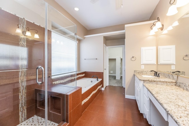 12515 Country Arbor Ln, Houston, TX 77041 - bathroom with vanity, a stall shower, a bath, baseboards, and recessed lighting