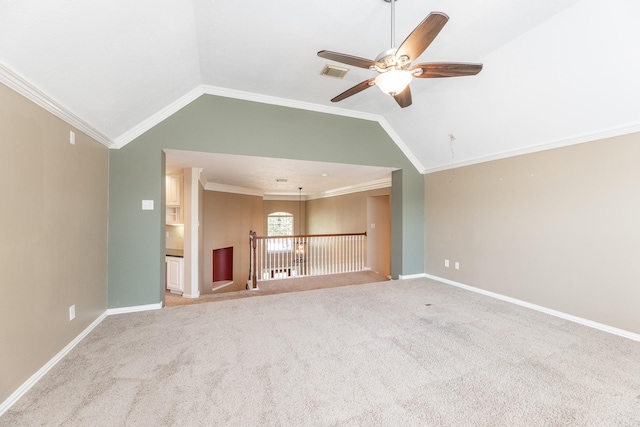 12515 Country Arbor Ln, Houston, TX 77041 - empty room with lofted ceiling, a ceiling fan, carpet floors, crown molding, and baseboards