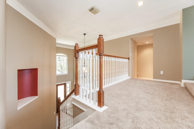 12515 Country Arbor Ln, Houston, TX 77041 - hall with carpet flooring, ornamental molding, an upstairs landing, and baseboards
