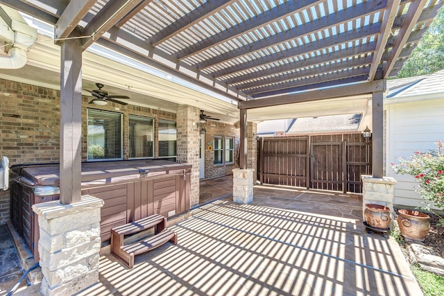12515 Country Arbor Ln, Houston, TX 77041 - view of patio featuring ceiling fan, a hot tub, and a pergola