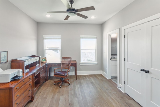 1407 W 23rd St, Houston, TX 77008 - office space featuring light wood finished floors, a ceiling fan, baseboards, and recessed lighting