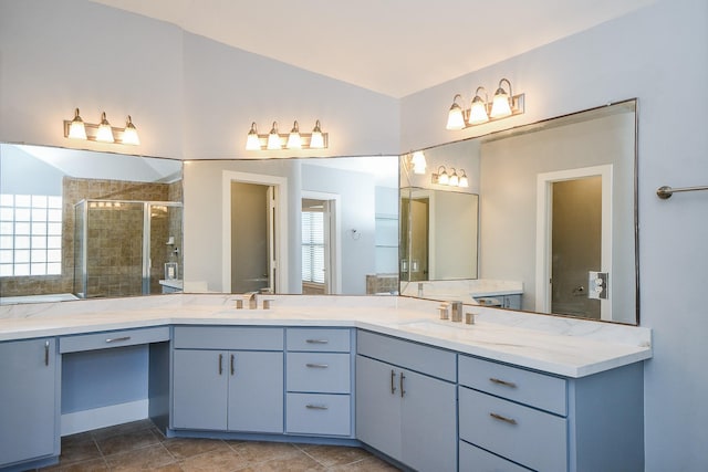 8642 Meadowcroft Dr, Houston, TX 77063 - bathroom with double vanity, a stall shower, vaulted ceiling, and tile patterned flooring