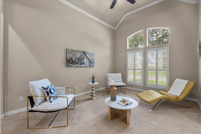 2512 Garnetfield Ln, Friendswood, TX 77546 - living area with crown molding, vaulted ceiling, carpet flooring, baseboards, and a ceiling fan