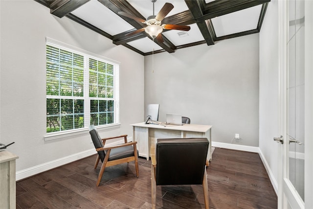 315 Lagarto Way, Pinehurst, TX 77362 - office with coffered ceiling, a ceiling fan, beam ceiling, baseboards, and dark wood-style flooring