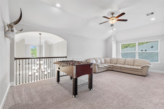 315 Lagarto Way, Pinehurst, TX 77362 - playroom featuring a ceiling fan, carpet, vaulted ceiling, baseboards, and recessed lighting