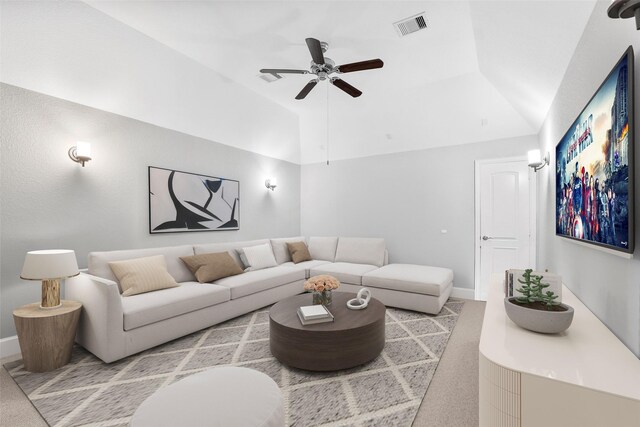 315 Lagarto Way, Pinehurst, TX 77362 - living room with vaulted ceiling, ceiling fan, carpet floors, and baseboards