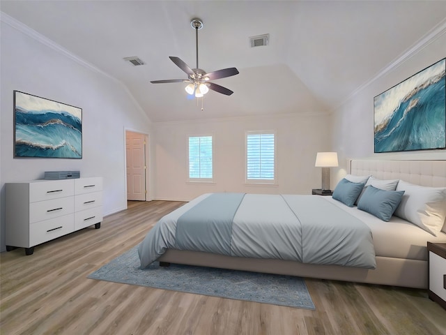 6415 Taimer Ct, Sugar Land, TX 77479 - bedroom with vaulted ceiling, light wood-type flooring, ornamental molding, and ceiling fan