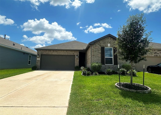 4827 Austin Meadow Ln, Katy, TX 77449 - ranch-style house featuring brick siding, an attached garage, concrete driveway, and a front yard