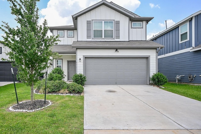 4611 Prairie Chase Dr, Houston, TX 77069 - traditional home with board and batten siding, an attached garage, driveway, and a front lawn