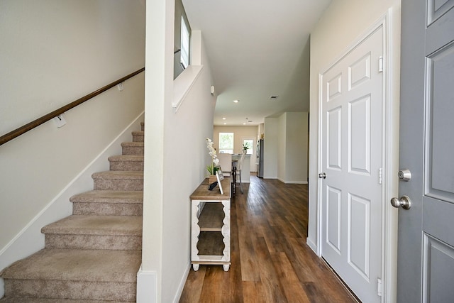 4611 Prairie Chase Dr, Houston, TX 77069 - entrance foyer with stairway, dark wood-style floors, and recessed lighting
