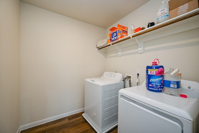 4611 Prairie Chase Dr, Houston, TX 77069 - laundry area featuring washing machine and clothes dryer, dark wood-style flooring, and baseboards