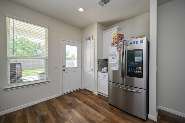 4611 Prairie Chase Dr, Houston, TX 77069 - kitchen featuring smart refrigerator, white cabinets, dark wood-type flooring, and baseboards