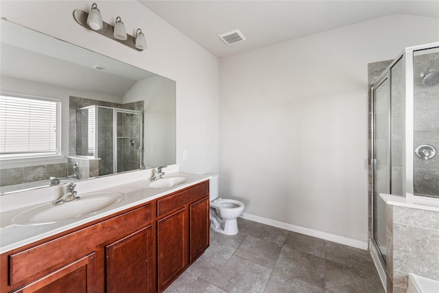 8014 Oxbow Manor Ln, Cypress, TX 77433 - full bathroom with lofted ceiling, a stall shower, double vanity, toilet, and baseboards