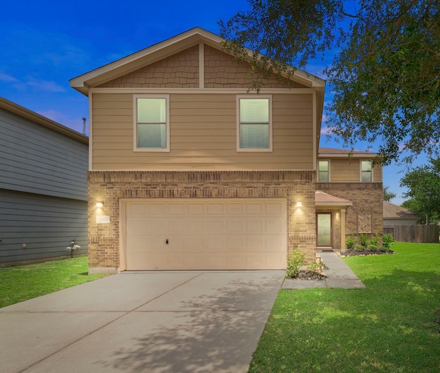16606 Burnell Oaks Ln, Houston, TX 77090 - view of front of house featuring an attached garage, brick siding, a front lawn, and concrete driveway
