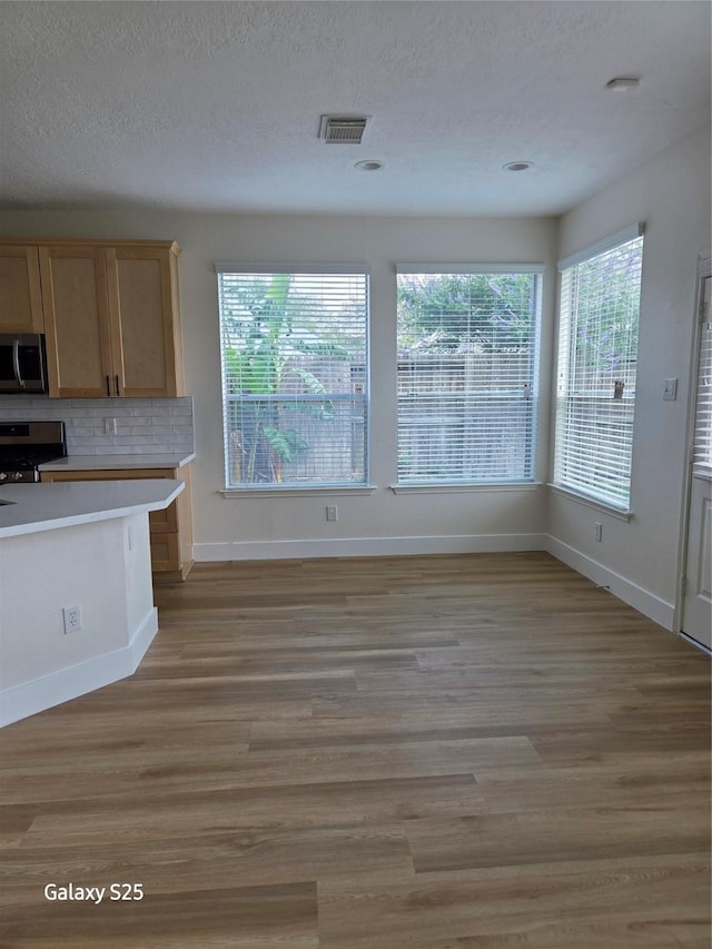 16111 Aberdeen Forest Dr, Houston, TX 77095 - kitchen with stainless steel appliances, baseboards, light countertops, light wood-type flooring, and backsplash