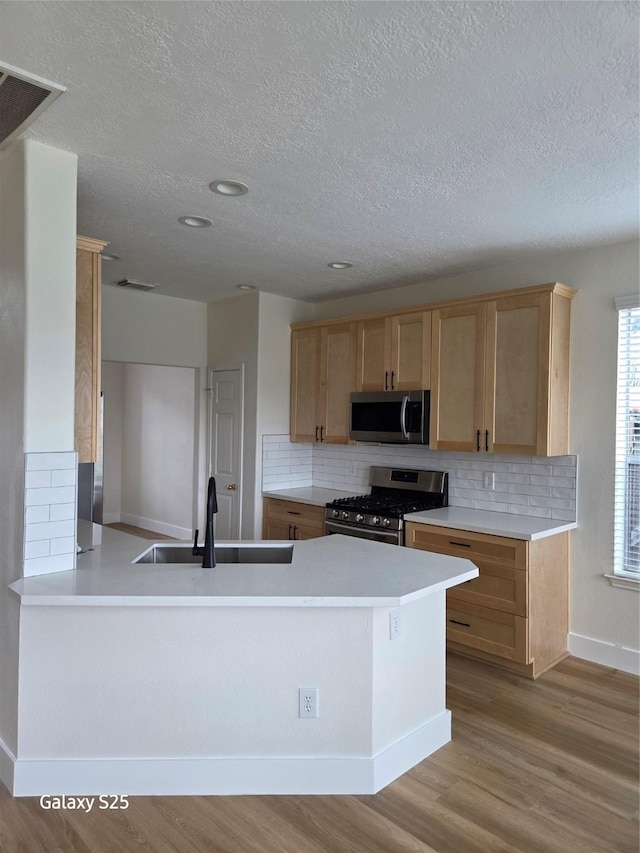 16111 Aberdeen Forest Dr, Houston, TX 77095 - kitchen with stainless steel appliances, a sink, light wood-style flooring, backsplash, and a textured ceiling