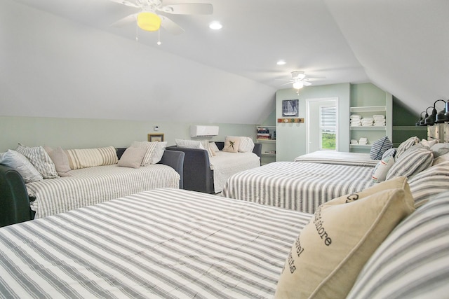 1214 Hwy 87, Gilchrist, TX 77617 - bedroom with lofted ceiling, a ceiling fan, and recessed lighting