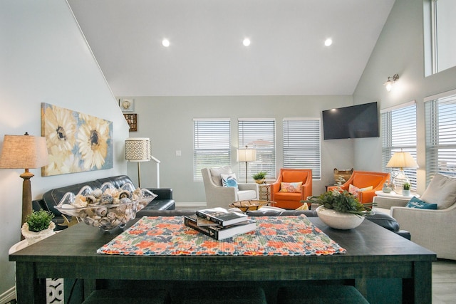 1214 Hwy 87, Gilchrist, TX 77617 - living room featuring high vaulted ceiling, wood finished floors, recessed lighting, and baseboards
