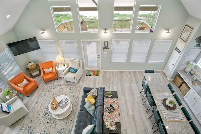 1214 Hwy 87, Gilchrist, TX 77617 - living room with high vaulted ceiling, wood finished floors, and baseboards