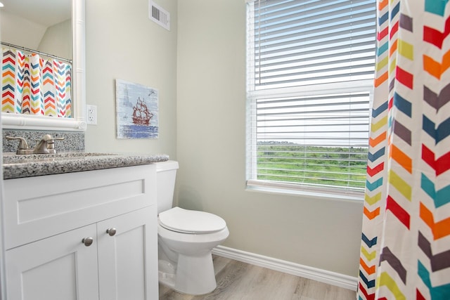 1214 Hwy 87, Gilchrist, TX 77617 - bathroom featuring wood finished floors, toilet, vanity, baseboards, and a shower with shower curtain