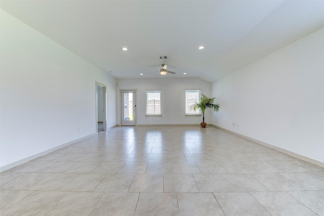 29751 Cayenne Cir, Katy, TX 77494 - empty room featuring a ceiling fan, recessed lighting, baseboards, vaulted ceiling, and light tile patterned floors