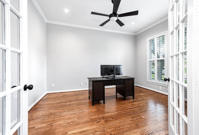 8903 Loch Lomond Ct, Houston, TX 77096 - unfurnished office with french doors, ornamental molding, ceiling fan, dark wood-style flooring, and recessed lighting