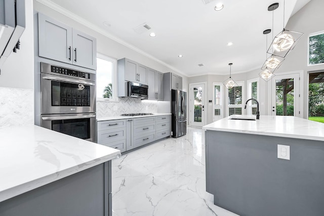 8903 Loch Lomond Ct, Houston, TX 77096 - kitchen featuring gray cabinets, a sink, stainless steel appliances, light marble finish floors, and tasteful backsplash