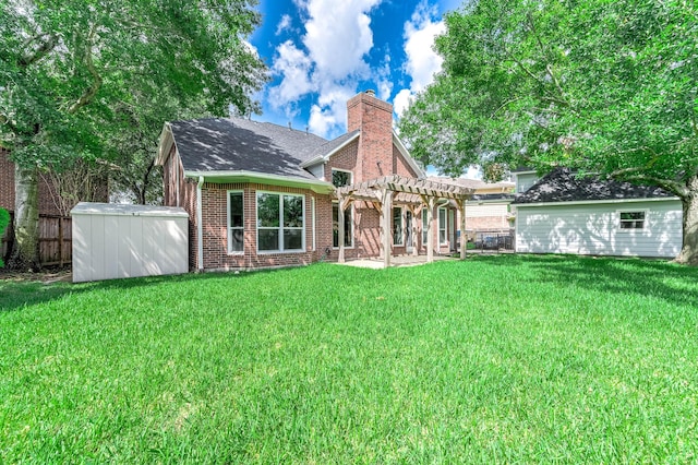 8903 Loch Lomond Ct, Houston, TX 77096 - back of property with a pergola, brick siding, a chimney, a patio area, and roof with shingles