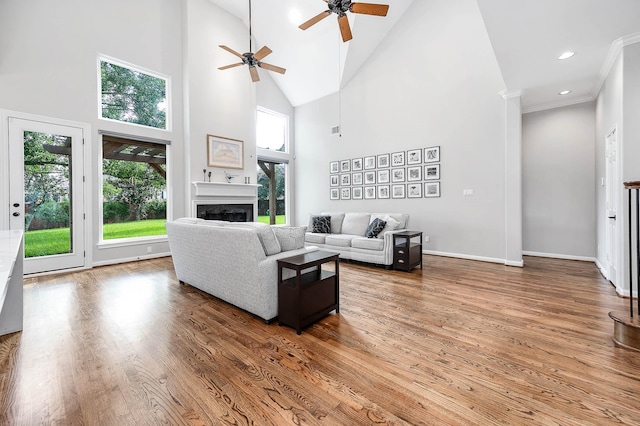 8903 Loch Lomond Ct, Houston, TX 77096 - living area featuring plenty of natural light, high vaulted ceiling, a fireplace, wood finished floors, and a ceiling fan