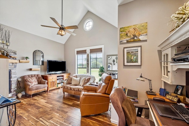 1932 Chappell Ridge Ln, Chappell Hill, TX 77426 - living area with ceiling fan, high vaulted ceiling, wood finished floors, a fireplace, and a desk