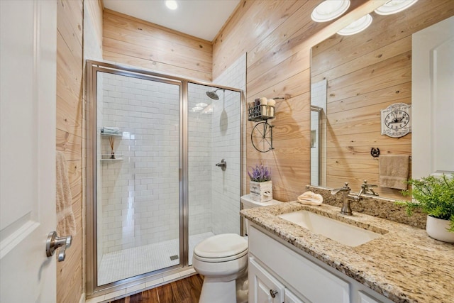 1932 Chappell Ridge Ln, Chappell Hill, TX 77426 - bathroom with vanity, wood walls, and a stall shower