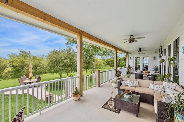 1932 Chappell Ridge Ln, Chappell Hill, TX 77426 - view of patio / terrace with french doors, an outdoor living space, and a ceiling fan