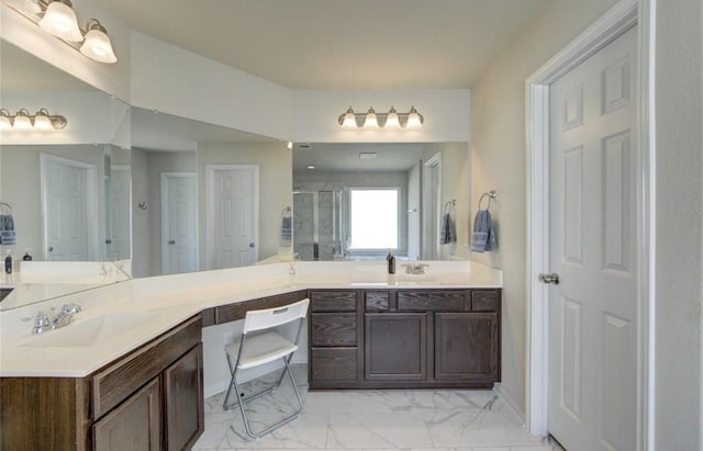 20910 Big Cypress Creek Trl, Humble, TX 77338 - bathroom with marble look tiles, vanity, and a shower stall