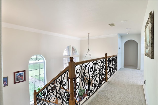2107 N Shadow Grove Ln, Richmond, TX 77406 - hall with carpet flooring, crown molding, and arched walkways
