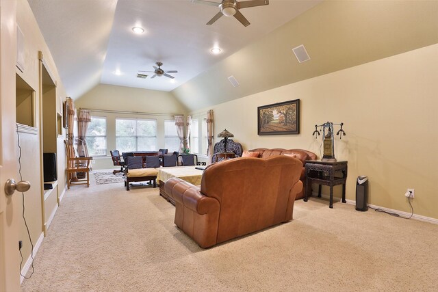 2107 N Shadow Grove Ln, Richmond, TX 77406 - living area with ceiling fan, light colored carpet, vaulted ceiling, and baseboards