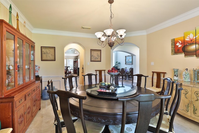 2107 N Shadow Grove Ln, Richmond, TX 77406 - dining area featuring arched walkways, crown molding, and a chandelier
