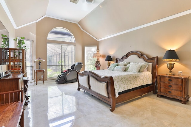 2107 N Shadow Grove Ln, Richmond, TX 77406 - bedroom with crown molding, lofted ceiling, baseboards, and light tile patterned flooring