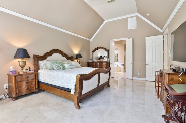 2107 N Shadow Grove Ln, Richmond, TX 77406 - bedroom with crown molding, lofted ceiling, light marble finish floors, ensuite bath, and baseboards