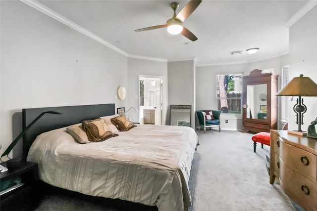 2902 Sycamore Tree Ct, Houston, TX 77345 - carpeted bedroom featuring crown molding, connected bathroom, and ceiling fan