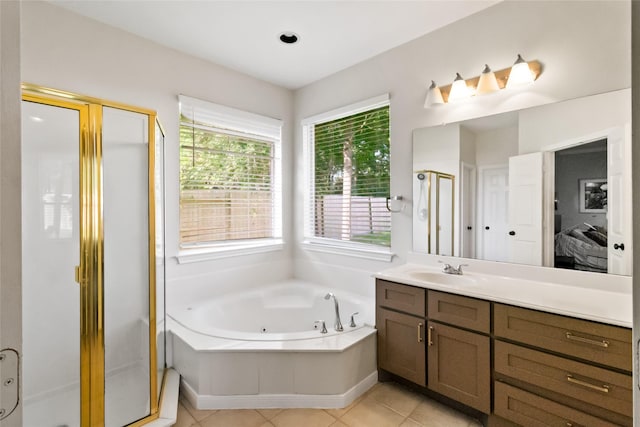 2902 Sycamore Tree Ct, Houston, TX 77345 - bathroom featuring a stall shower, vanity, a whirlpool tub, and tile patterned flooring