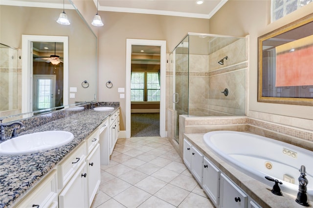 1210 Crocker St, Houston, TX 77019 - full bath with a stall shower, tile patterned flooring, a jetted tub, double vanity, and crown molding