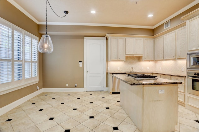 1210 Crocker St, Houston, TX 77019 - kitchen featuring stainless steel appliances, healthy amount of natural light, decorative backsplash, ornamental molding, and dark stone counters