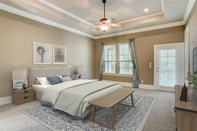 1210 Crocker St, Houston, TX 77019 - bedroom featuring a raised ceiling, light colored carpet, ornamental molding, access to outside, and baseboards