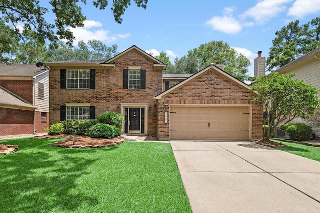 3802 Sweetgum Hill Ln, Kingwood, TX 77345 - view of front of house featuring brick siding, an attached garage, a front lawn, and driveway