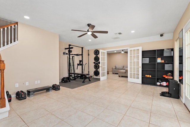 3802 Sweetgum Hill Ln, Kingwood, TX 77345 - exercise area with french doors, a ceiling fan, recessed lighting, tile patterned floors, and baseboards