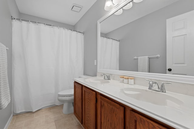 3802 Sweetgum Hill Ln, Kingwood, TX 77345 - full bath with double vanity, toilet, curtained shower, and tile patterned flooring