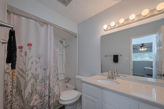 15726 Blackhawk Blvd, Friendswood, TX 77546 - bathroom with a textured ceiling, vanity, toilet, and shower / bath combo with shower curtain