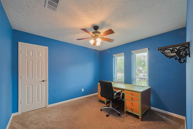 15726 Blackhawk Blvd, Friendswood, TX 77546 - unfurnished office with a ceiling fan, a textured ceiling, carpet flooring, and baseboards